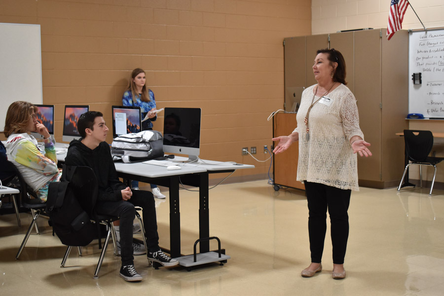 Shari-Lynee Ball from the Kentucky Science and Technology Corporation speaks to Mr. Chaneys second period about the entrepreneurship challenge.