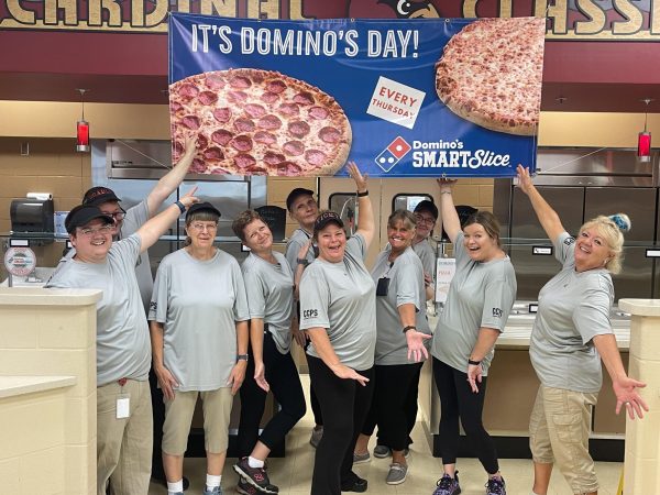 The Cardinal Café staff celebrates Dominos Day which begins TODAY!