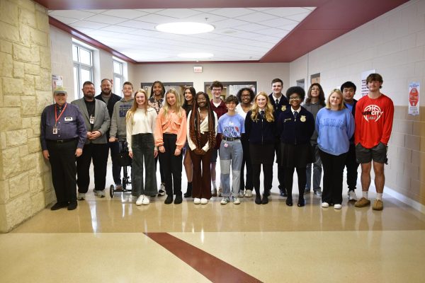 The GRC Superintendent Council is a unique opportunity for Principal Toy (back left), Supt Howard (middle left) and Board member Billy Bennett (front left) to meet with students about concerns and goals.