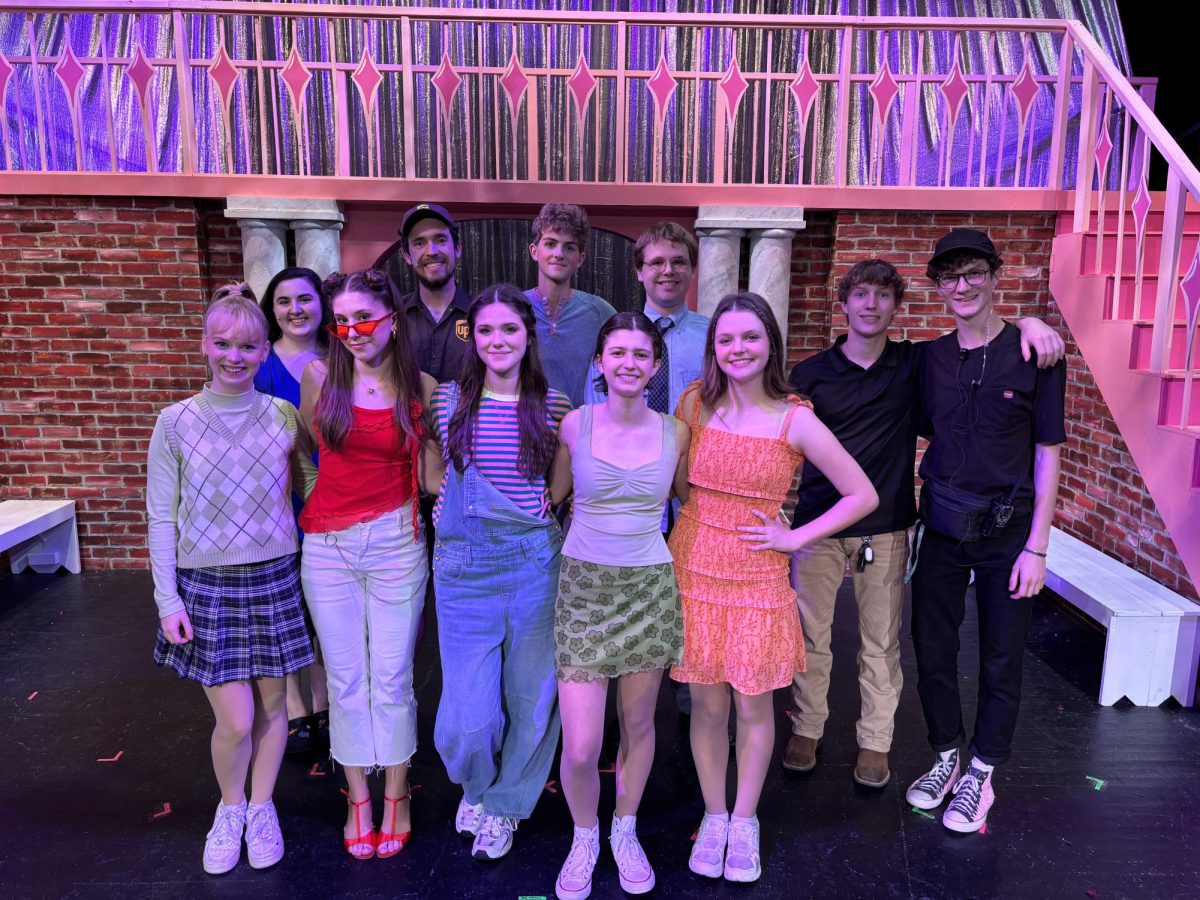 Front, Emma Hackworth (graduate), Grace Owen, Mckinley Harper, Sylvie Coogle, Lauren McCraith; back, Katherine Kennedy (graduate), Mr. Lawwill, Josh Muse, Trent Conboy-Holden, Tanner Rivers (production team), Zach Ross (graduate, stage manager)